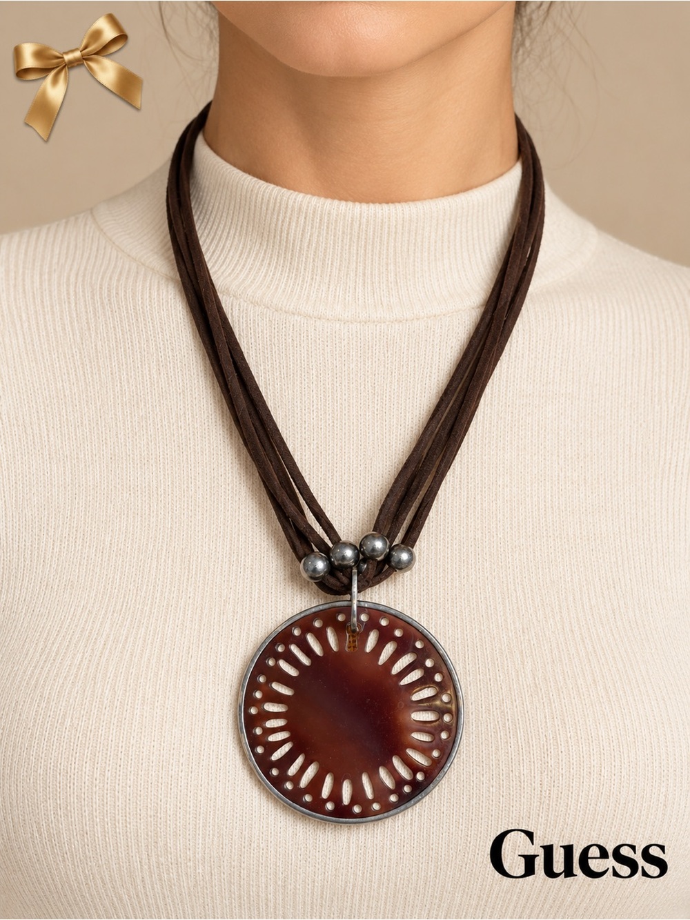 Guess Brown Suede Multi-Strand Pendant Necklace Silver Resin Circle